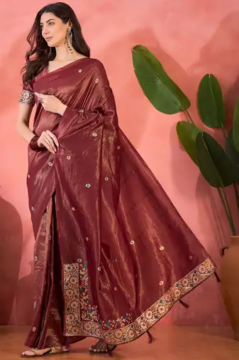 Maroon silk blend jacquard saree with unstitched blouse piece