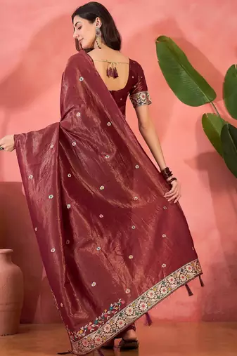 Maroon silk blend jacquard saree with unstitched blouse piece