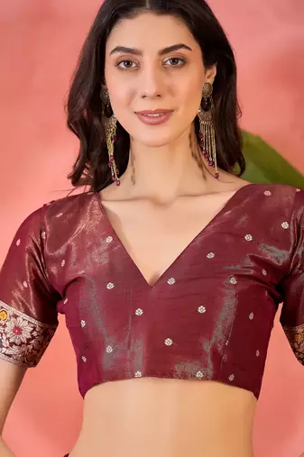 Maroon silk blend jacquard saree with unstitched blouse piece