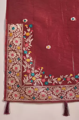 Maroon silk blend jacquard saree with unstitched blouse piece