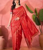 Red silk blend jacquard saree with unstitched blouse piece