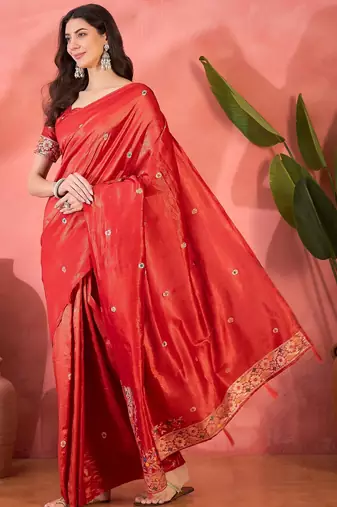 Red silk blend jacquard saree with unstitched blouse piece