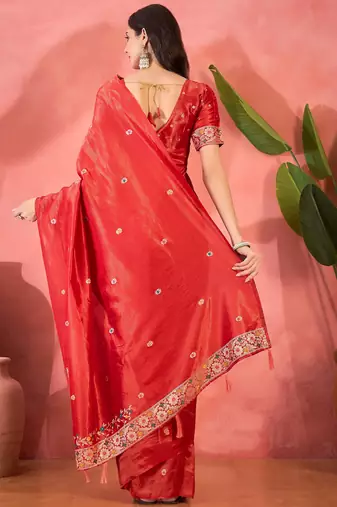 Red silk blend jacquard saree with unstitched blouse piece