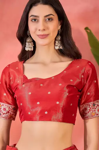 Red silk blend jacquard saree with unstitched blouse piece