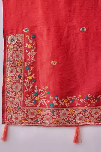 Red silk blend jacquard saree with unstitched blouse piece