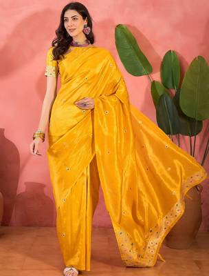 Yellow silk blend jacquard saree with unstitched blouse piece 1