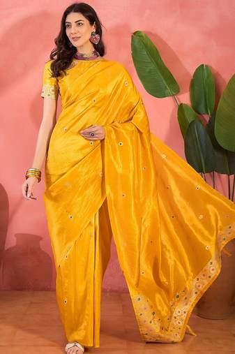 Yellow silk blend jacquard saree with unstitched blouse piece