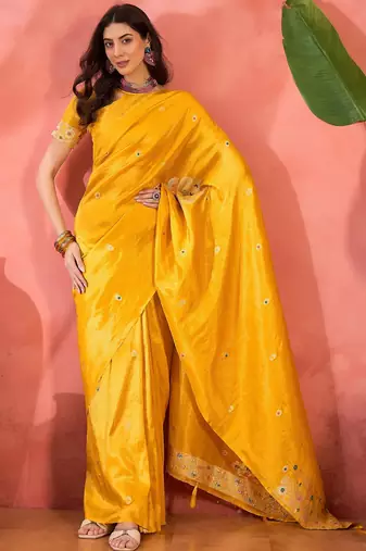 Yellow silk blend jacquard saree with unstitched blouse piece