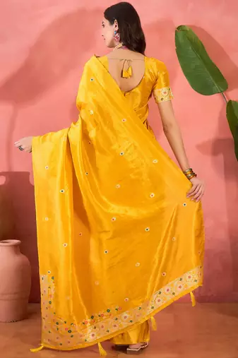 Yellow silk blend jacquard saree with unstitched blouse piece