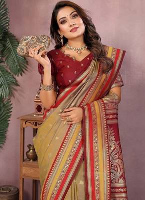 Mustard Color Zari Weaving Handloom Kalamkari Silk Saree 1