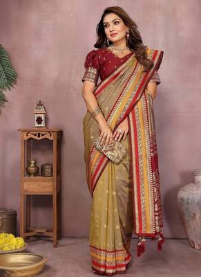 Mustard Color Zari Weaving Handloom Kalamkari Silk Saree 2