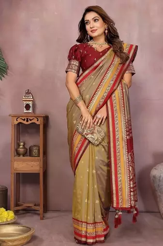 Mustard Color Zari Weaving Handloom Kalamkari Silk Saree