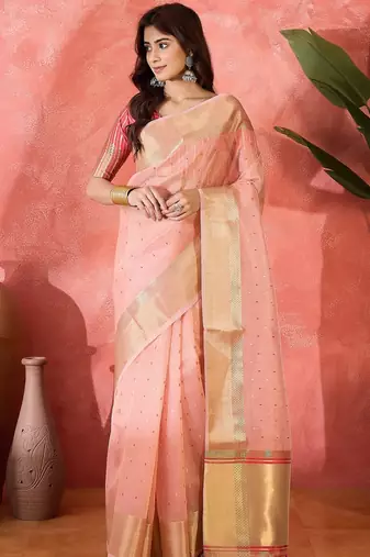 Pink organza jacquard saree with unstitched blouse piece