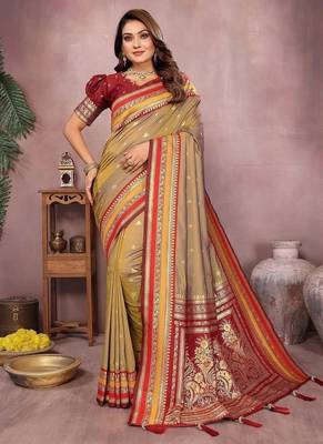 Mustard Color Zari Weaving Handloom Kalamkari Silk Saree 3