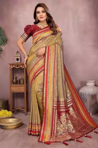 Mustard Color Zari Weaving Handloom Kalamkari Silk Saree