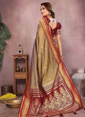 Mustard Color Zari Weaving Handloom Kalamkari Silk Saree 4