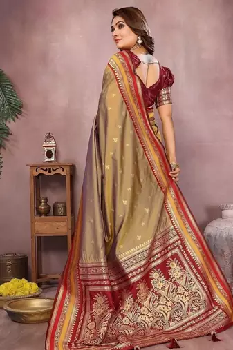 Mustard Color Zari Weaving Handloom Kalamkari Silk Saree