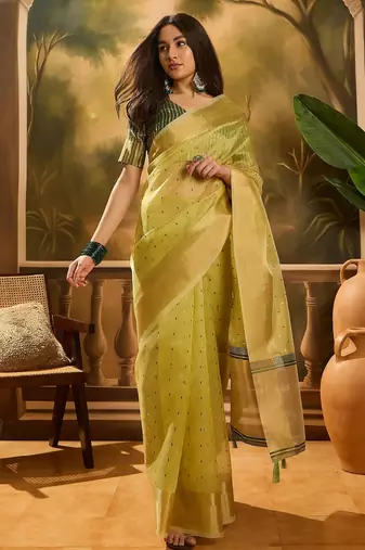 Parrot green organza jacquard saree with unstitched blouse piece