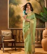 Sea green organza jacquard saree with unstitched blouse piece