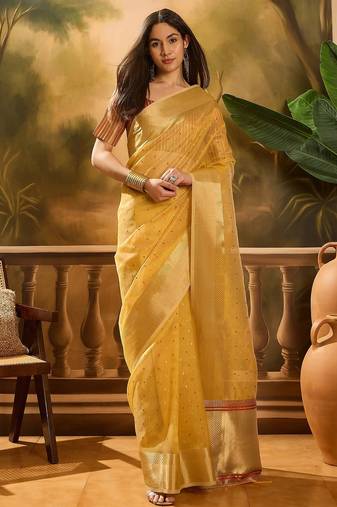 Yellow organza jacquard saree with unstitched blouse piece