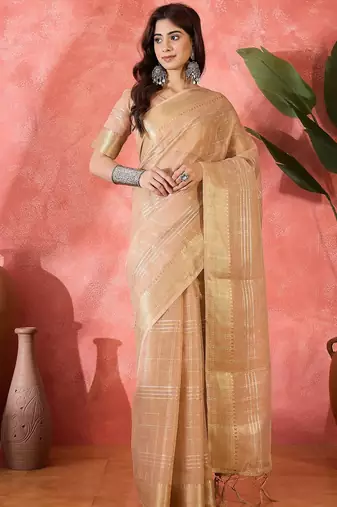 Beige organza jacquard saree with unstitched blouse piece
