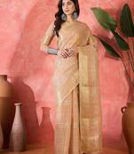 Beige organza jacquard saree with unstitched blouse piece