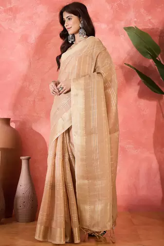 Beige organza jacquard saree with unstitched blouse piece