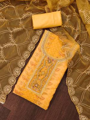 Women's yellow handwork dress material 1