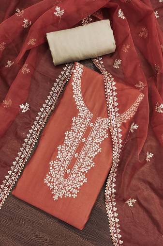 Women's Orange embroidered work dress material