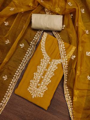Women's mustard embroidered work dress material 1