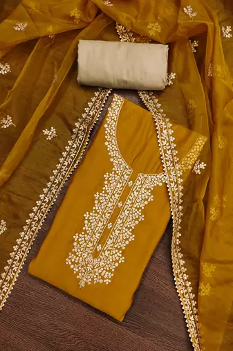 Women's mustard embroidered work dress material