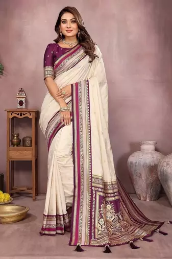 Off White Color Zari Weaving Handloom Kalamkari Silk Saree
