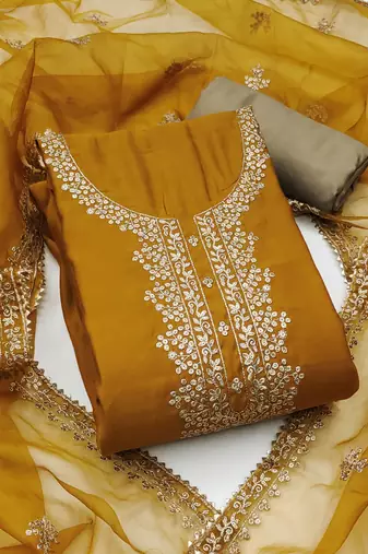 Women's mustard embroidered work dress material