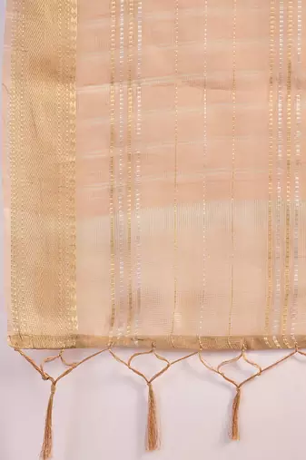 Beige organza jacquard saree with unstitched blouse piece