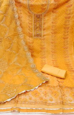 Women's yellow handwork dress material 3