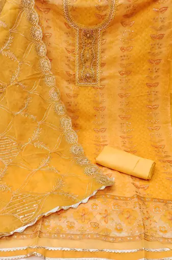 Women's yellow handwork dress material
