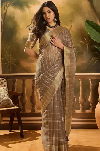 Brown organza jacquard saree with unstitched blouse piece