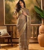 Brown organza jacquard saree with unstitched blouse piece