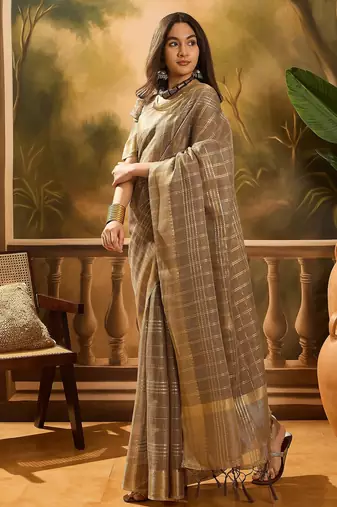 Brown organza jacquard saree with unstitched blouse piece