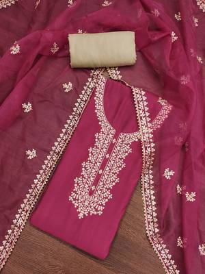 Women's pink embroidered work dress material 1
