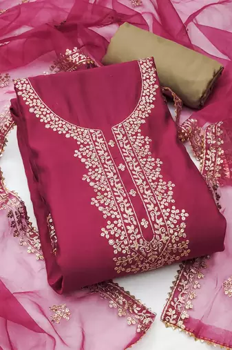 Women's pink embroidered work dress material