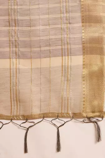Brown organza jacquard saree with unstitched blouse piece