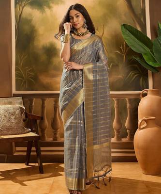Grey organza jacquard saree with unstitched blouse piece 1