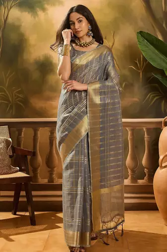 Grey organza jacquard saree with unstitched blouse piece
