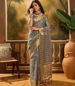 Grey organza jacquard saree with unstitched blouse piece