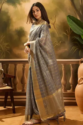 Grey organza jacquard saree with unstitched blouse piece