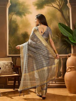 Grey organza jacquard saree with unstitched blouse piece 3