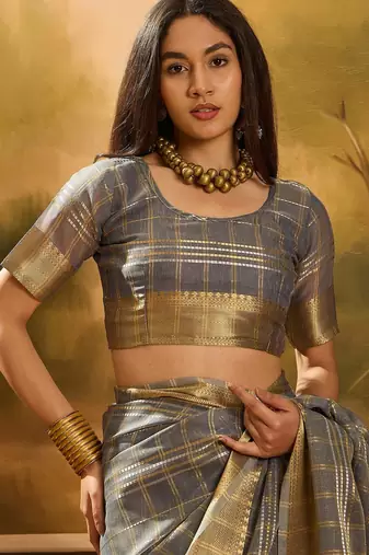Grey organza jacquard saree with unstitched blouse piece