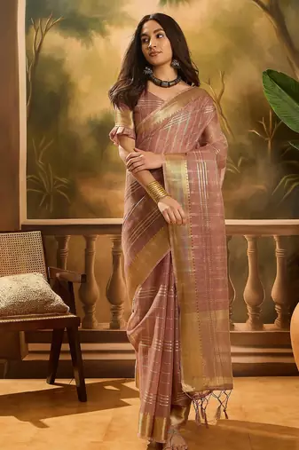 Lavender organza jacquard saree with unstitched blouse piece