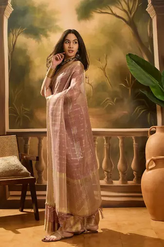 Lavender organza jacquard saree with unstitched blouse piece